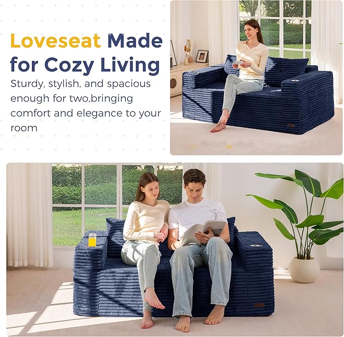 MAXYOYO 63" Boneless Loveseat Sofa Couch for Small Spaces, Mini Love Seat Floor Couch with Cup Holders and Pillows, 2-Seater Upholstered Cloud Couch for Bedroom Apartment, No Assembly Required