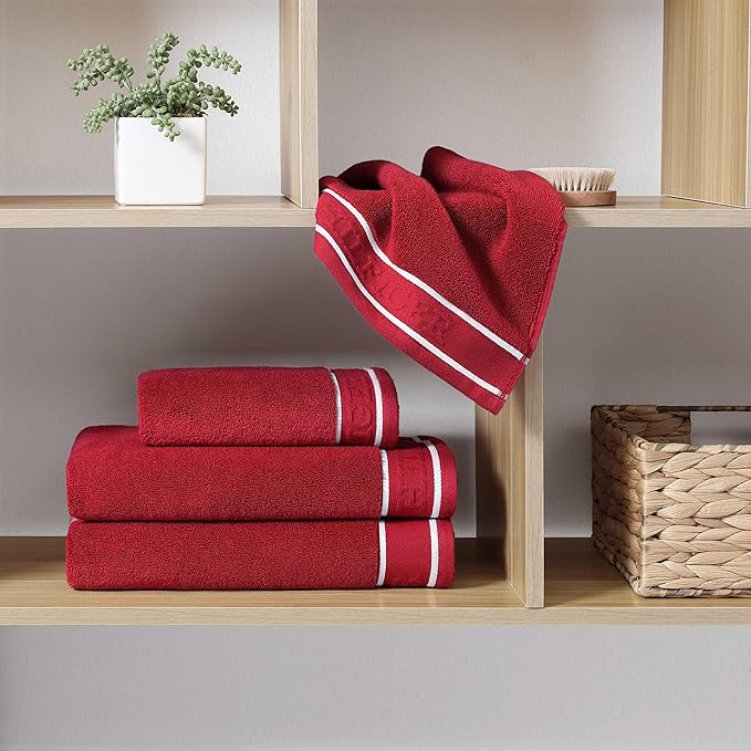 Tommy Hilfiger - Bath Towels, 100% Soft & Absorbent Plush Cotton with Zero Twist Constructions, Quick Dry and Medium Weight Bathroom Towels (Legacy Red, 6 Piece)
