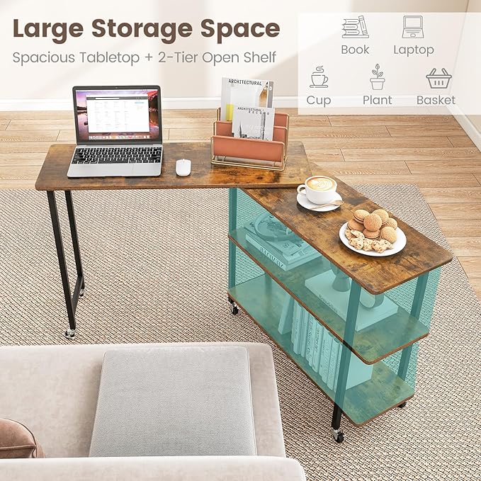 Giantex 360° Free Rotating Sofa Side Table, Mobile L-Shaped Laptop Desk with Sturdy Metal Frame, 6 Universal Casters, Movable Couch Snack Table with 2-Tier Storage Shelf for Home (Brown)