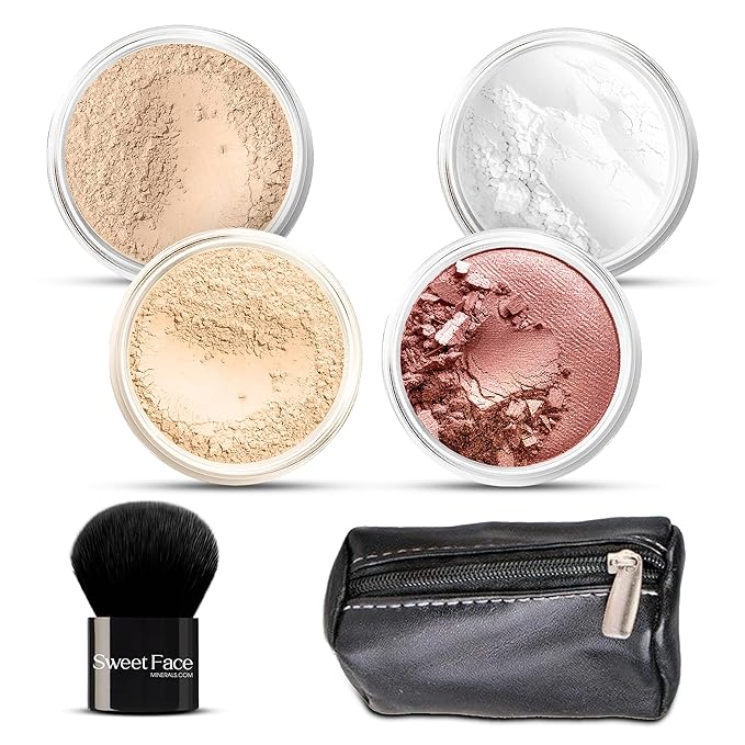 6pc FULL SIZE KIT KABUKI & KABAGGIE Tote Mineral Makeup Set Matte Foundation Bare Face Sheer Powder Cover (Fair 2)