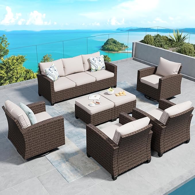 SUNSHINE VALLEY Swivel Glider Patio Furniture Set Outdoor Furniture Brown Wicker Rattan Patio Conversation Sets with Cushion Outside Sofa Set,7 Pieces 9 Seats,Beige