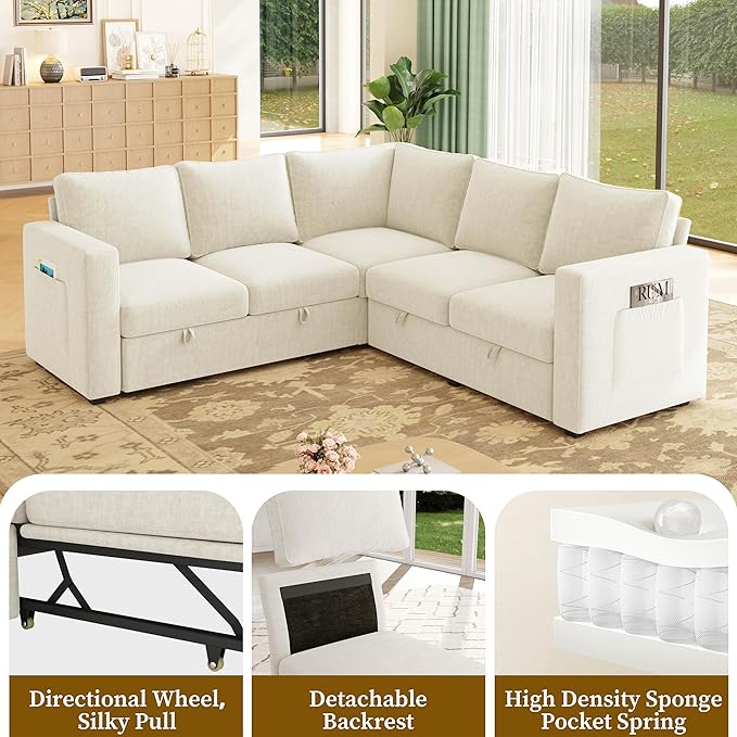 SUAWY 83.5" Sectional Sleeper Sofa with Pull Out Couch, Modern 5 Seat L Shaped Modular Couch, Sectionals Modular Sofa with Storage, Comfy Sectional Couches for Living Room & Apartment, Ivory Beige