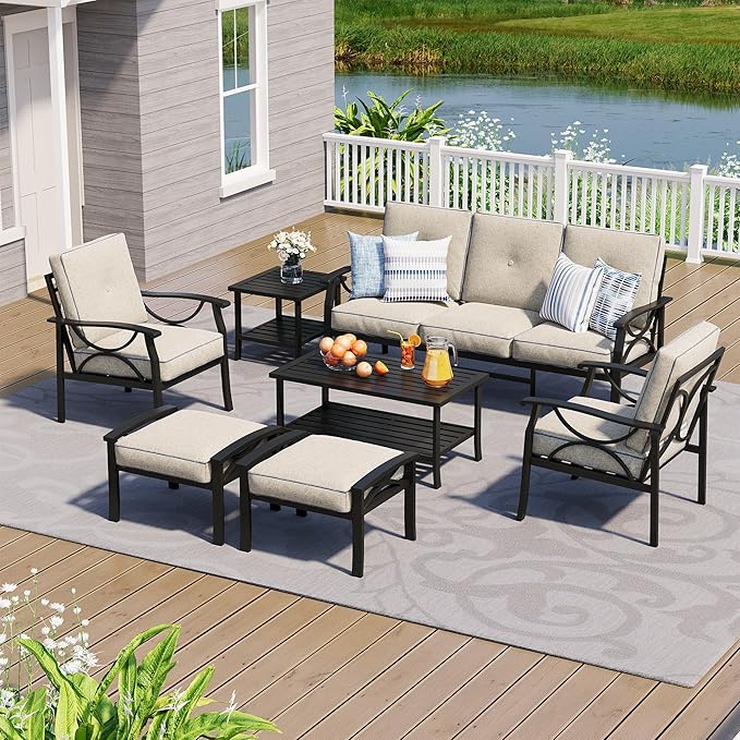 FansaFurn 7-Pieces Outdoor Patio Furniture Set, Outdoor Metal Sectional Furniture with Cushions, Outdoor Conversation Seating Set with Coffee Table for Garden, Backyard, Balcony, Deck, Black