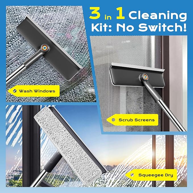 3 in 1 Window Squeegee for Home with 55" Lightweight Extension Poles Streak-Free Microfiber Scrubber for Outdoor/Indoor Windows, Shower Glass Door, Car Windshield, RV/Camper Windows