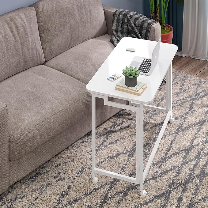 4NM 31.5" Mobile Small Rolling Computer Desk, Folding Laptop Cart Table with Wheels, Portable Office Desk for Small Space Couch Bed - All White