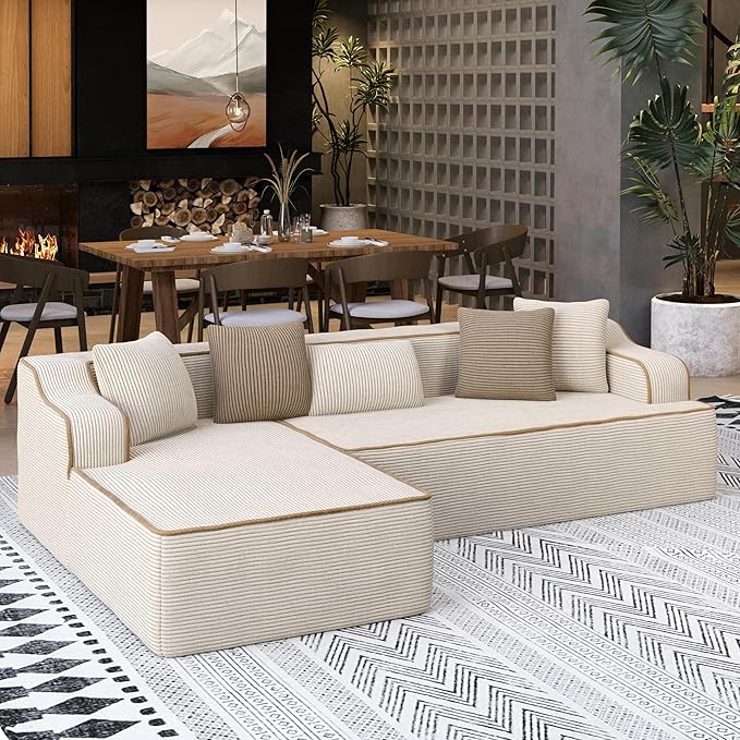 SUNSHINE VALLEY Cloud Sectional Couch for Living Room, 104'' L-Shaped Modular Sofa with Chaise, Modern Corduroy Boneless Couch with Deep Seat, No Assembly Required, Beige