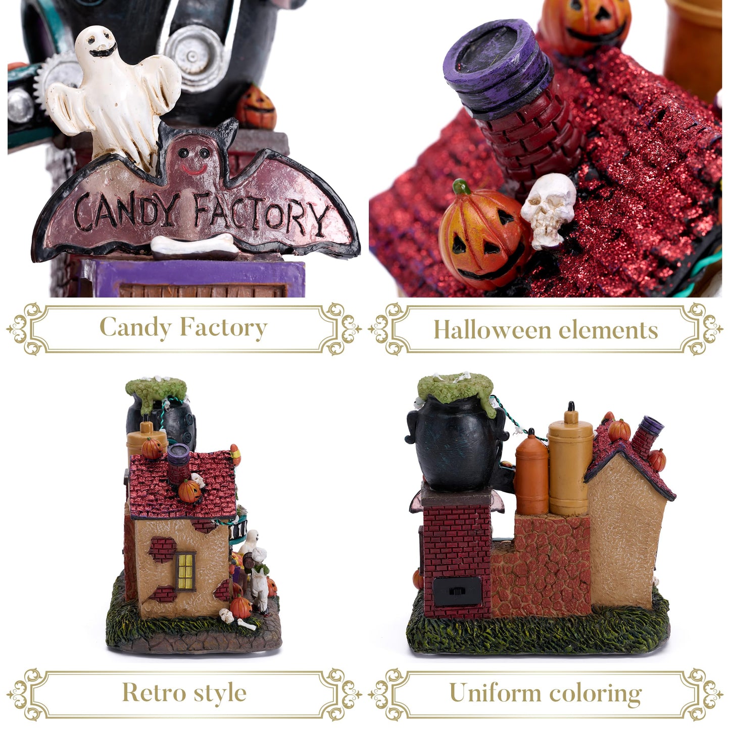 Valery Madelyn Halloween Decorations, Lighted Halloween Village Houses with Music and LED Lights, Resin Haunted House Spooky Town Scary Candy Factory for Home and Party Table Desk Mantel, 8 Inch