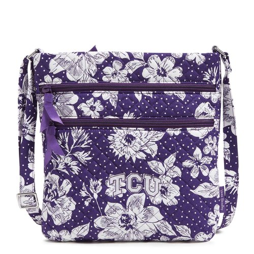 Vera Bradley Cotton Triple Zip Hipster Crossbody Purse, Purple/White Rain Garden with Texas Christian University