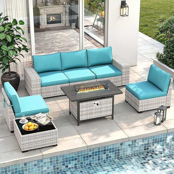 7 Piece Outdoor Wicker Rattan Sectional Sofa Set with Fire Pit Table, 5-Seats Conversation Set with 4" Thickened Cushions & Coffee Table, All-Weather PE Rattan for Garden, Backyard, Porch, Navy