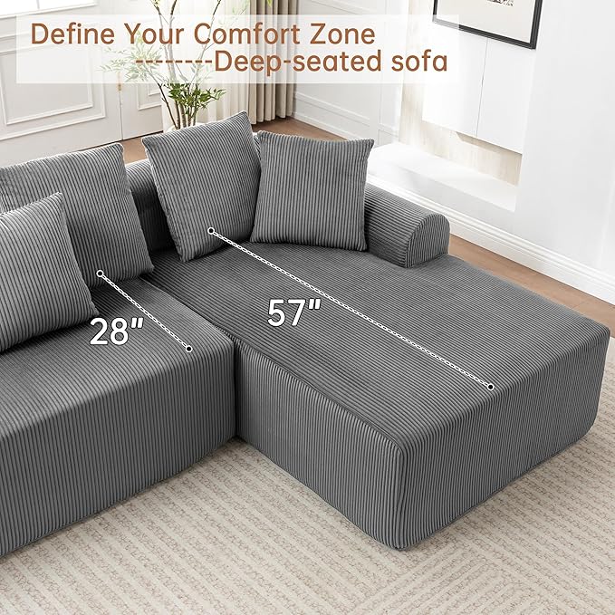 108 '' W Boneless Couch with L-Shape Chaise,No Assembly Required, Upholstery Corduroy Cloud Couch with Deep Seats and 5 Pillows Back, Free Combination (Grey)