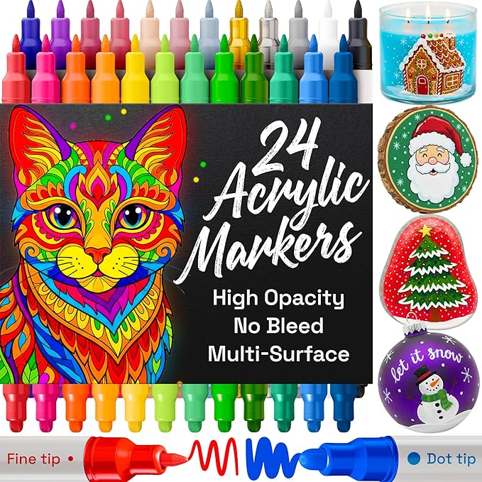 ARTISTRO 24 Acrylic Paint Markers for Rock, Fabric, Wood, Glass, Craft, Decoration - Dual-Tip Paint Pens - Stocking Stuffe...