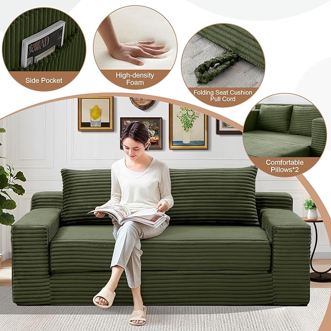 73" Convertible Sofa Bed, 2 in 1 Folding Couch Bed, Boneless Couch in a Box, Cloud Loveseat Sleeper, Fold Out Comfy Floor Futon Sofa with 2 Pillows for Living Room Bedroom, No Assembly (Green, 73")