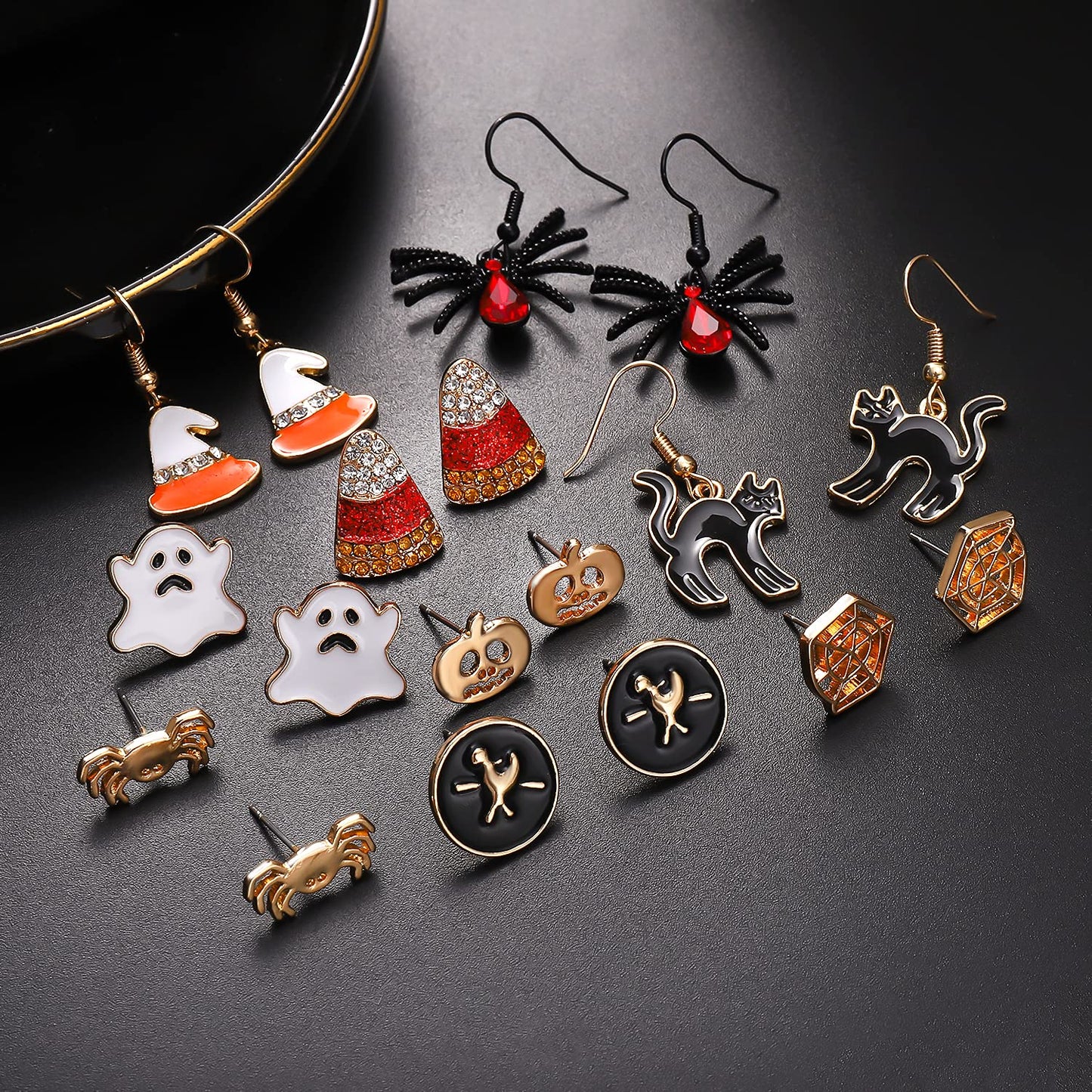 PHALIN Halloween Earrings Set, Spider Web Pumpkin Ghost Bat Drop Earring Studs for Women Halloween Jewelry Set for Party (9 Pair