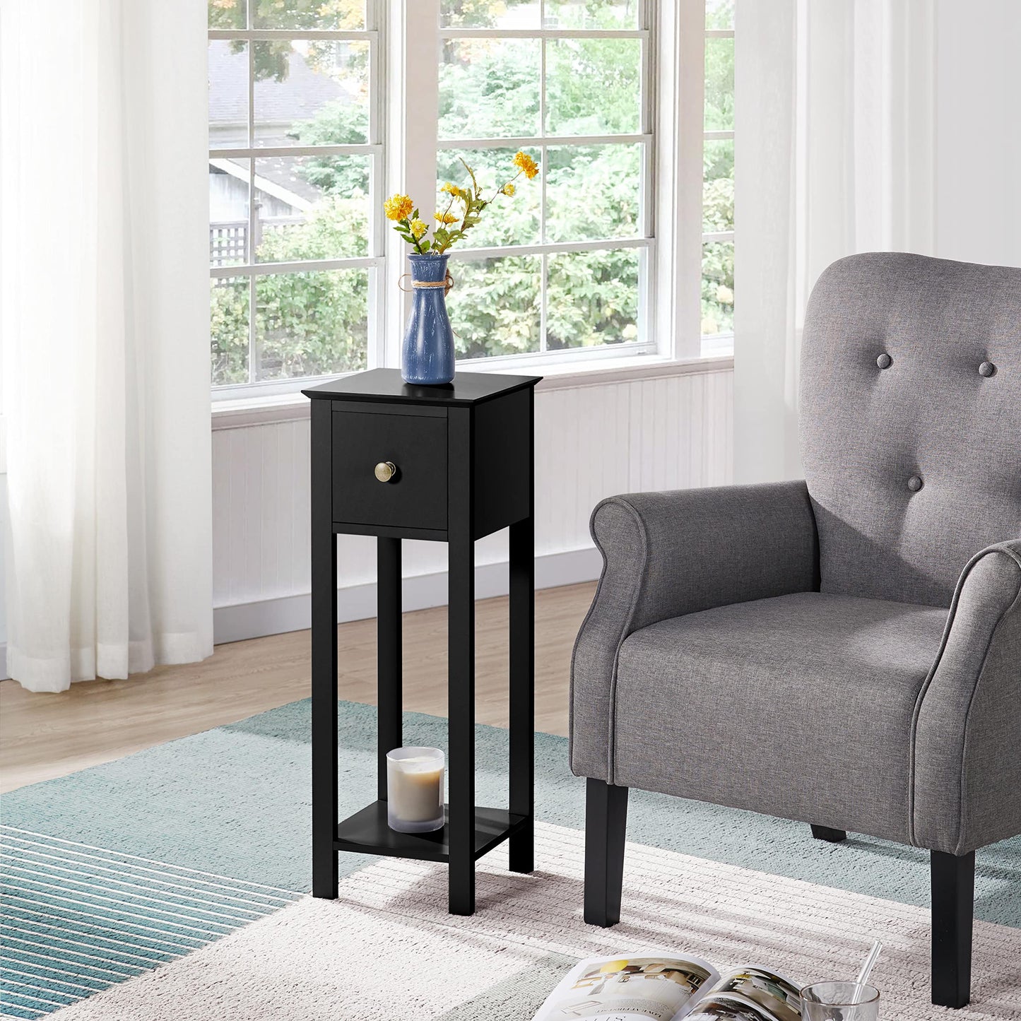 Yaheetech Black Slim Bedside Table Set of 2, Narrow Wooden Nightstand with Drawer & Shelf, Tall Telephone Table Hallway Side Table, 25x25x70cm