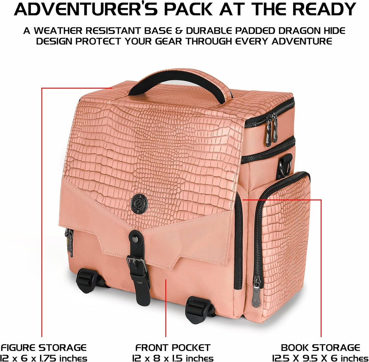 ENHANCE Collector's Edition RPG Adventurer's DnD Bag - Dragon Hide Exterior Travel RPG Bag with Tabletop Miniatures Storage Vault, Mat Holder, DnD Dice & Token Pockets, Fits 4-8 Books (Dragon Pink)