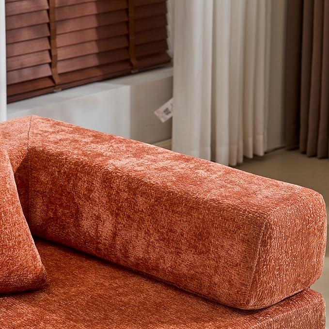 Convertible Couch Sofa Bed Foldable Floor Sleeper | Modern Fold Out Couch | Removable Backrest & Armrests | No Assembly Compression Sofa Sleeper for Living Room, Bedroom | Orange Chenille