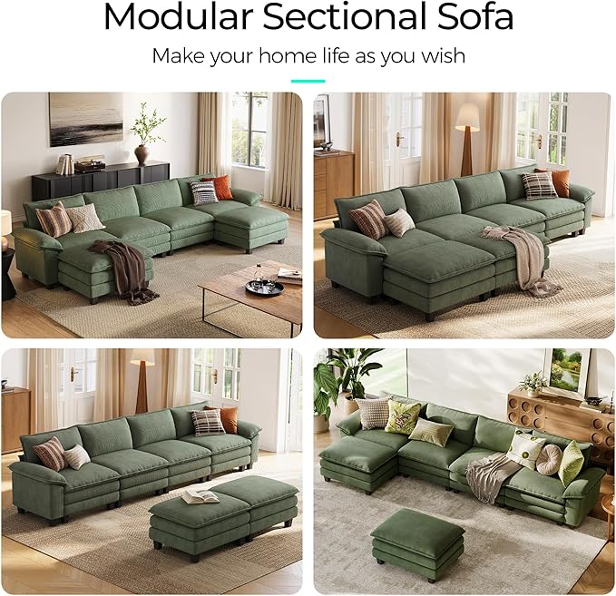 LINSY HOME 157'' Modular Sectional Sofa Green Couch Corduroy Cloud Couches for Living Room, U Shaped Couch with Movable Ottoman, Modern Cloud Sectional Sofas for Bedroom and Apartment, Green