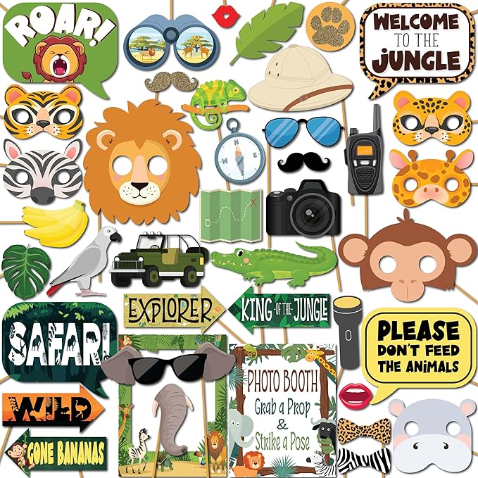 Safari Photo Booth Props - 41-pc Photobooth Kit with 8 x 10-Inch Sign, 60 Adhesive Pads, 45 Sticks - Kids Photo Booth Prop...