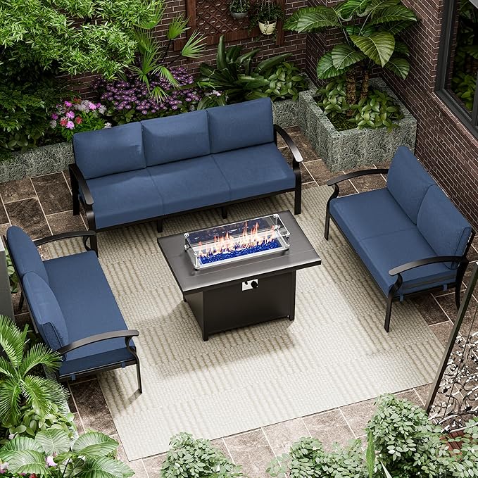 RTDTD Aluminum Outdoor Patio Furniture Set,4 Pieces 7 Seats Patio Conversation Sets with 45" Propane Fire Pit Table,Metal Patio Sectional Furniture Set w/5.1" Cushions,Navy Blue
