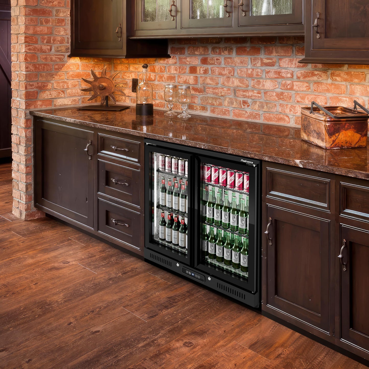 Frostronics 36 inch 206 cans Duo Hinged Door Back Bar Beverage Cooler, 6.75 cu. ft. Under Counter Glass Door Bar Fridge with hinged doors, lockable, 32-50°F Display Refrigerator, ETL Certified, Black