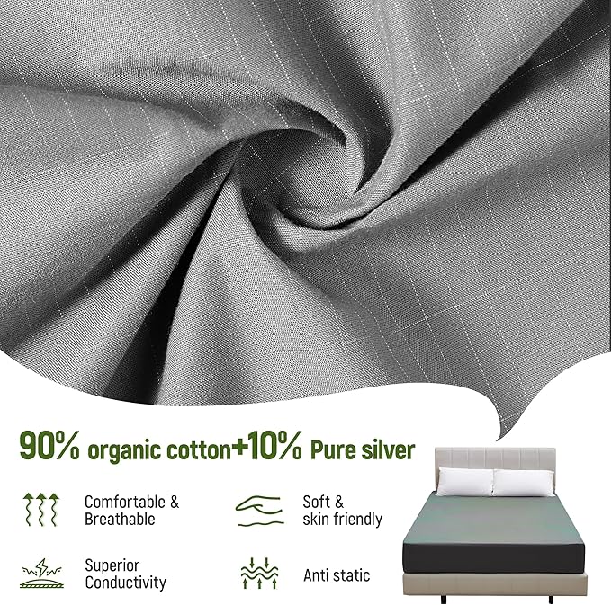 Earth Grounding Sheets Queen Deep Pocket 10% Silver Fiber+90% Organic Cotton, Fitted Earth Grounded Bed Sheets Bed Grounding Kit Fitted Grounding Sheet for Improved Sleep (Gray, Queen - 60"x80"x16")