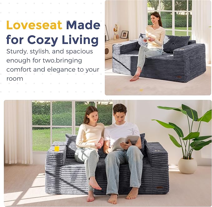 MAXYOYO 63" Boneless Loveseat Sofa Couch for Small Spaces, Mini Love Seat Floor Couch with Cup Holders and Pillows, 2-Seater Upholstered Cloud Couch for Bedroom Apartment, No Assembly Required