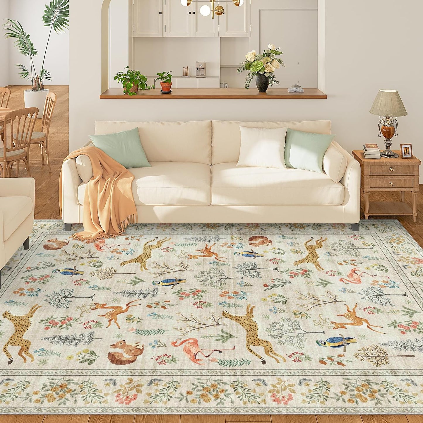 DUKINO 9x12 Rug, Washable Animal Living Room Rug with Non Slip Vintage Design, Soft Low Pile Large Carpet for Bedroom, Nursery, Dining Room, Farmhouse, Playroom, White