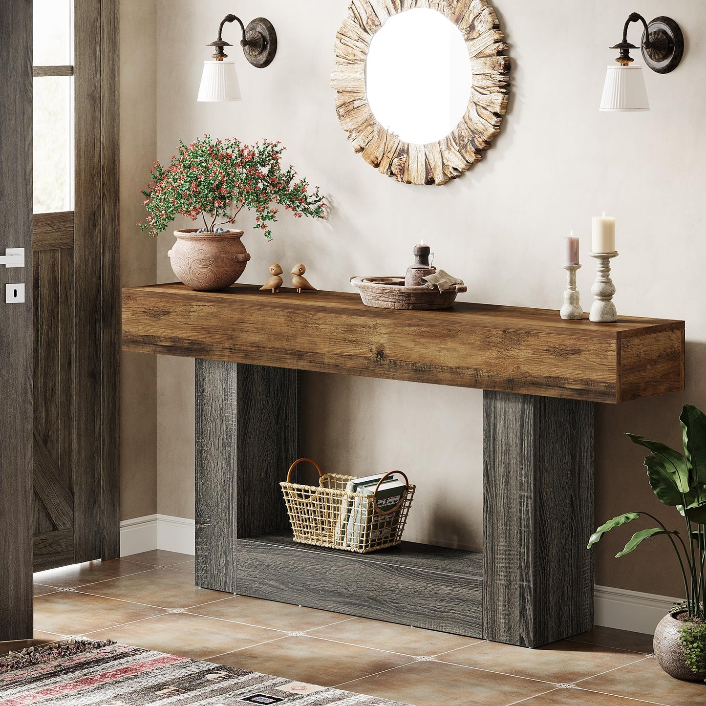 Tribesigns 63" Console Table, Farmhouse 2-Tier Entryway Table with U-Shaped Base, Narrow Long Wood Sofa Table Behind Couch Table for Living Room, Hallway, Foyer, Vintage Brown & Gray