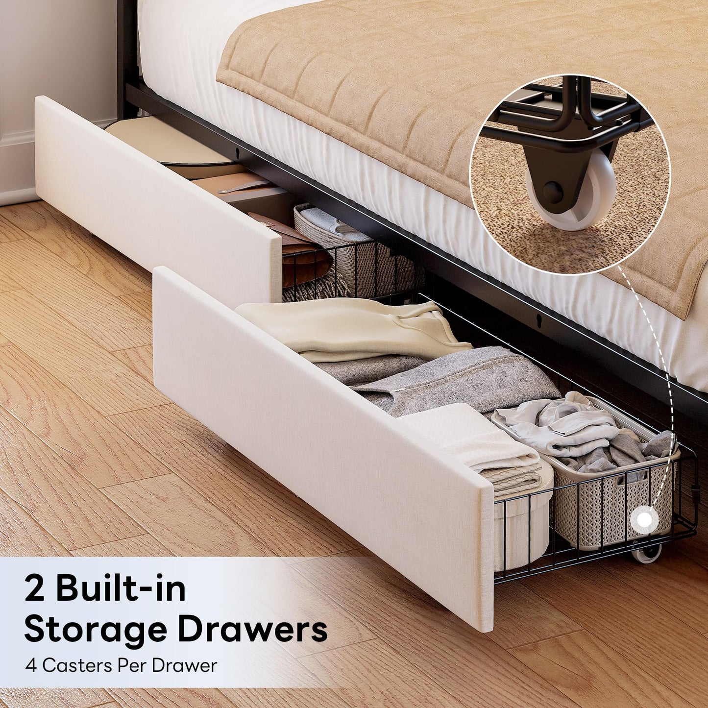 LIKIMIO Twin Corner Bed Frame with Storage Drawers and Charging Station, Modern Twin Daybed with LED Lights and Upholstered Guardrail, Beige