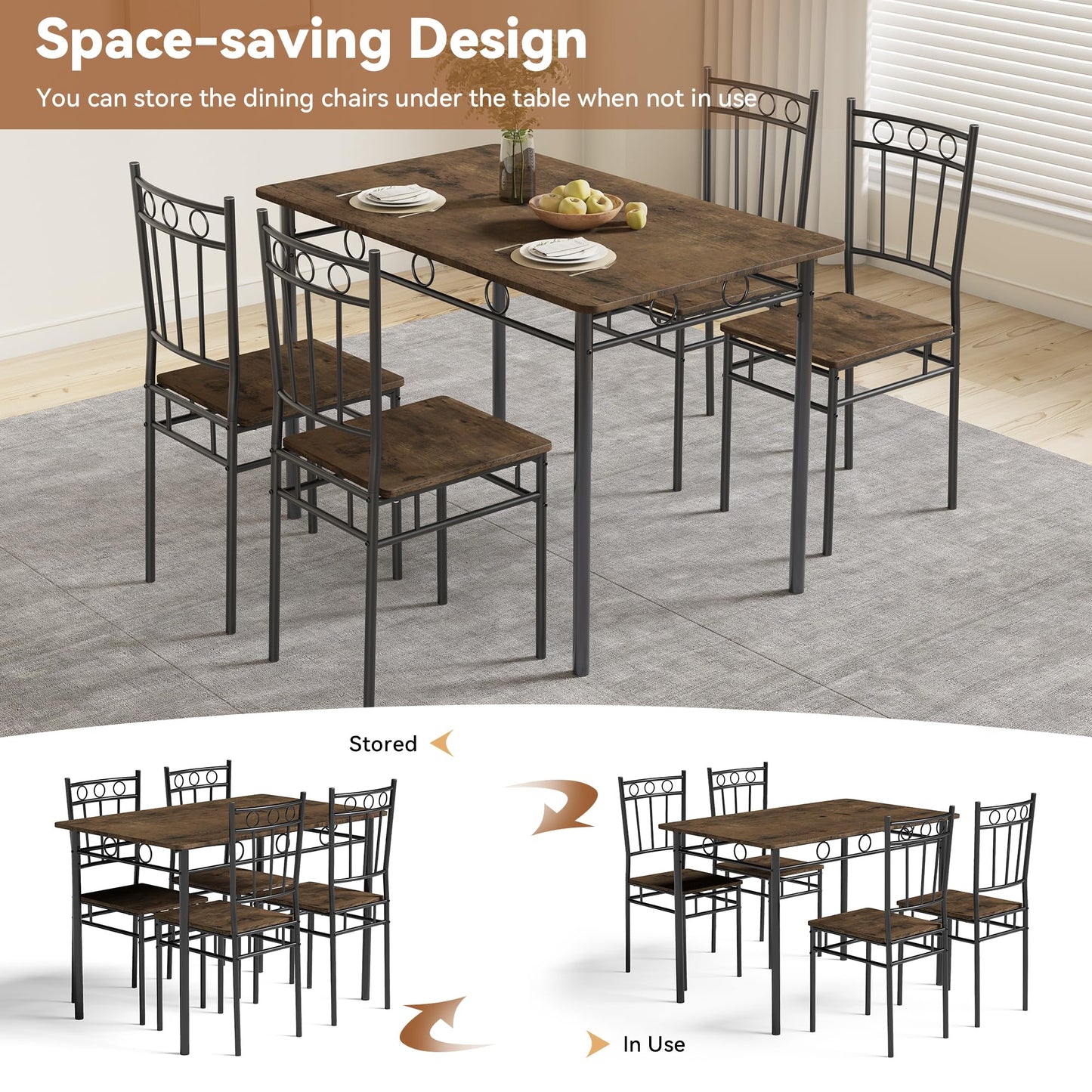 AMICLIBER Dining Table Set for 4, 5-Piece Kitchen Table and Chairs, Rectangular Dining Room Table Set with 4 Chairs, Space-Saving Kitchen Table Set for Small Space,Dinette,Apartment,Retro Brown