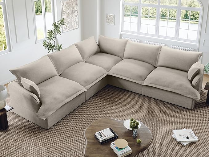 Lopzeho Oversized Modular Sectional Sofa, 5 Seater V Shaped Modular Couch with Washable Cover, Comfy Down Fill Cloud Couch, Light Grey