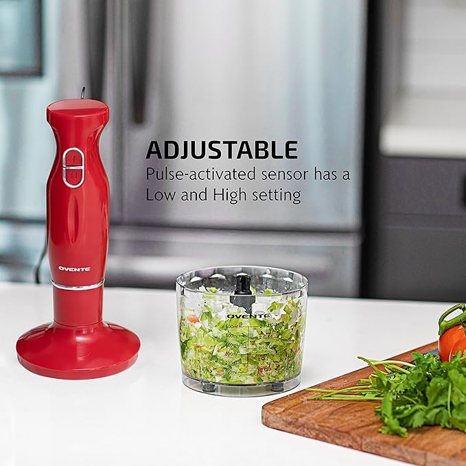 OVENTE Immersion Hand Blender Set, 300W Corded Electric Handheld Stick Mixer, 2 Mixing Speeds with Stainless Steel Blades, Egg Whisk, Beaker & BPA-Free Food Chopper, Red HS565R