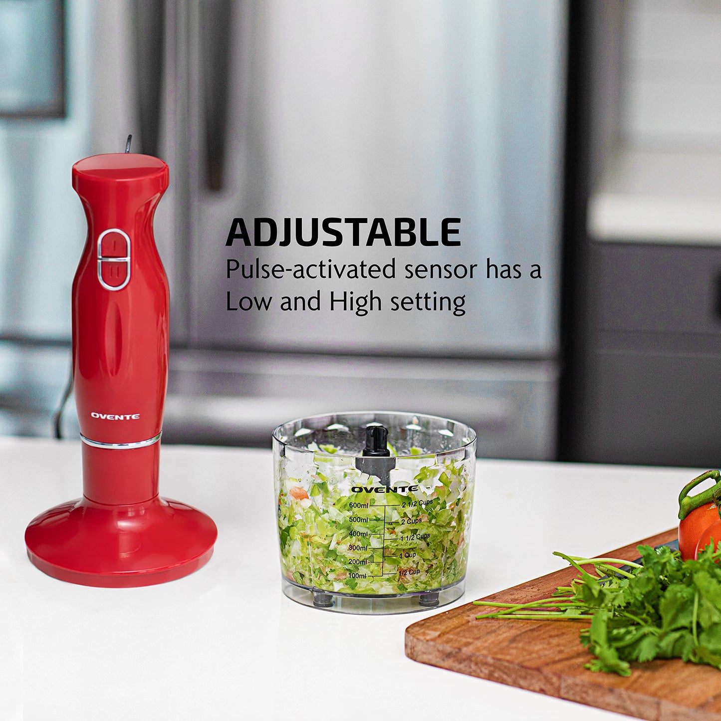 OVENTE Immersion Hand Blender, 300W Electric Handheld Portable Stick Mixer Set with 2 Mixing Speed, Stainless Steel Blades, Egg Whisk Attachment, Mixing Beaker and BPA-Free Food Chopper, Red HS565R