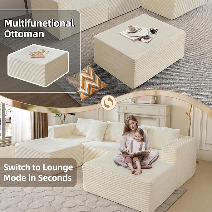 110 Modular Sectional Boneless Sofa with 2 Ottomans, Corduroy U-Shaped Modular Sectional Sofa, Convertible Cloud Couch with Deep Seats, No Assembly Required (White, 110" 3Seat+2 0ttoman)