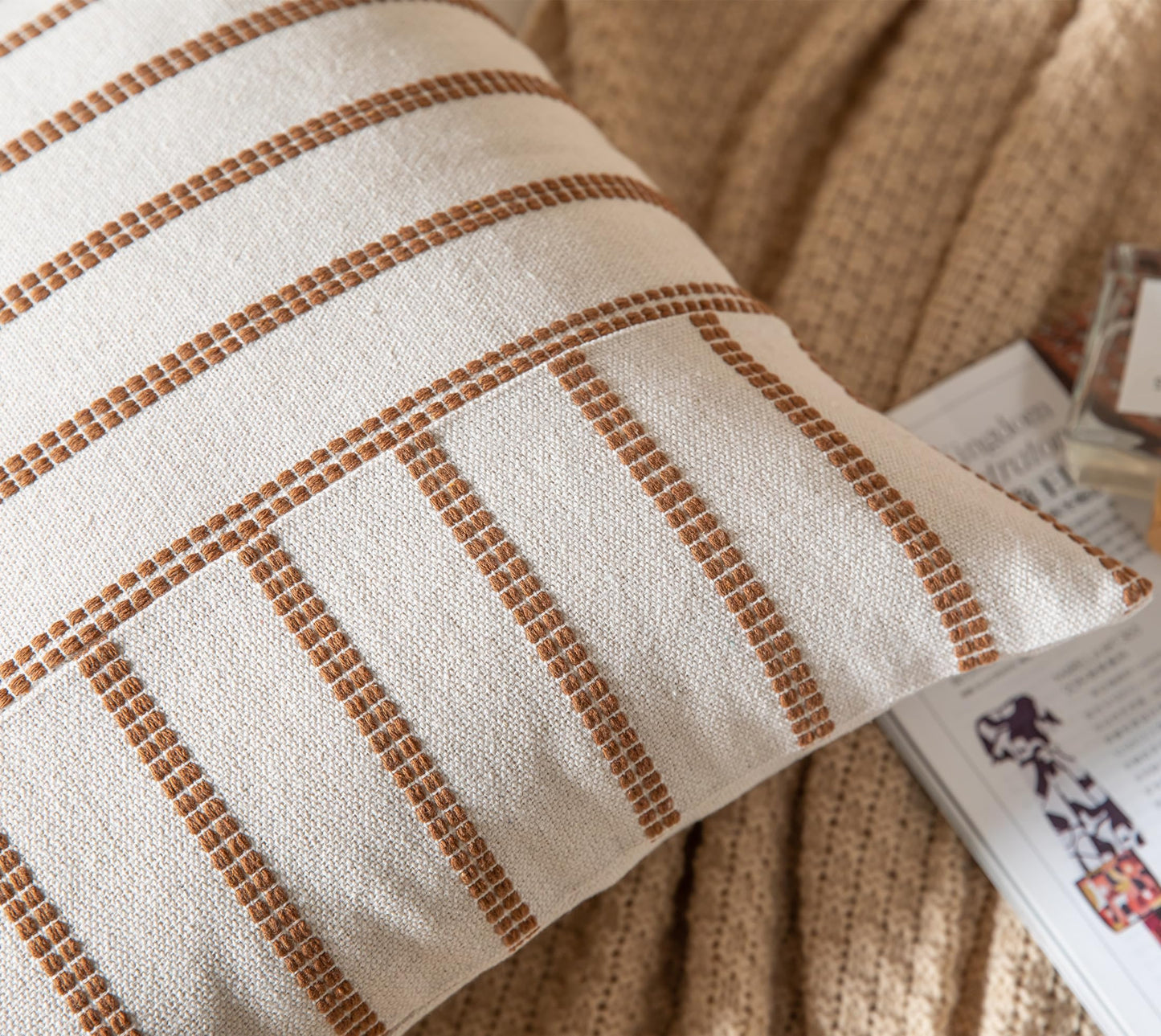 Boho Throw Pillow Covers 18x18 Set of 2 Soft Farmhouse Decorative Couch Pillow Cases Brown Striped Pillow Covers Neutral Cushion Covers for Sofa Bed Living Room Home Decor