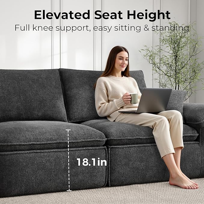 LIKIMIO 120" L-Shaped Modular Sectional Sofa, Cloud Sectional Couch with Deep Seat, Comfy Teddy Upholstery, Oversized 3-Seater with Ottoman, Boneless Couch for Living Room, No Assembly, Dark Grey