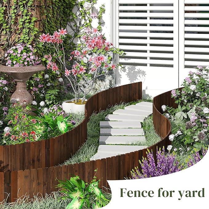 Wooden Garden Fence No Dig Landscape Edging Border Lawn Border Decorative Flower Bed Border Courtyards Planting Tree Fence Yard Patio Path Edging -11.8" H x 48" L (1PACK)
