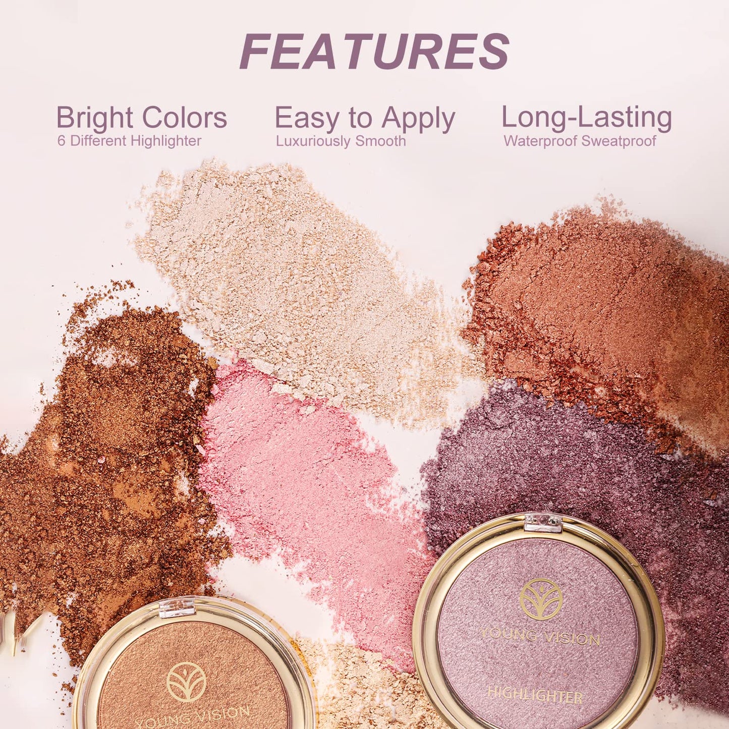 YOUNG VISION Pressed Powder Highlighter, Baked Natural Glow Contour Powder & Face Highligher, Cruelty-Free, Shimmer Highlighting