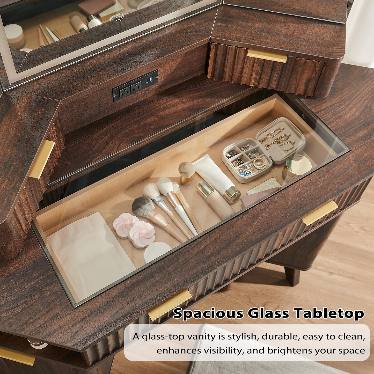 T4TREAM Fluted Makeup Vanity Desk with 3 Way Mirror and Lights, 48" Large Corner Vanity Table with Glass Top, Charging Station, 3 Drawers, Storage Cabinets & Shelves, for Bedroom, Dark Walnut