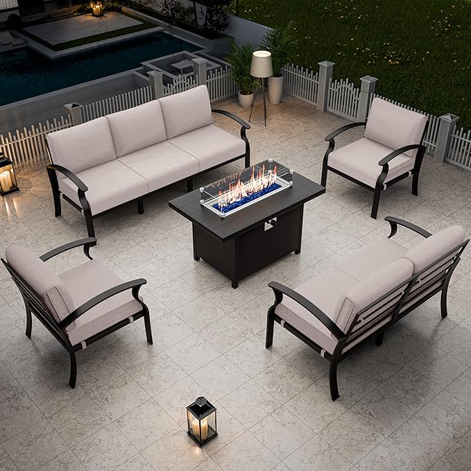 RTDTD Aluminum Outdoor Patio Furniture Set,5 Pieces 7 Seats Patio Conversation Sets with 45" Propane Fire Pit Table,Metal Patio Sectional Furniture Set w/5.1" Cushions for Porch,Deck,Backyard,Sand