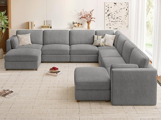 CUGOAO 159'' Modular Sectional Sofa,9-Seater Oversized U-Shaped Sectional Couch with Ottoman, Deep Seat Chenille Cloud Couch, Mordern Upholstered Couches for Living Room, Apartment, Office, Grey