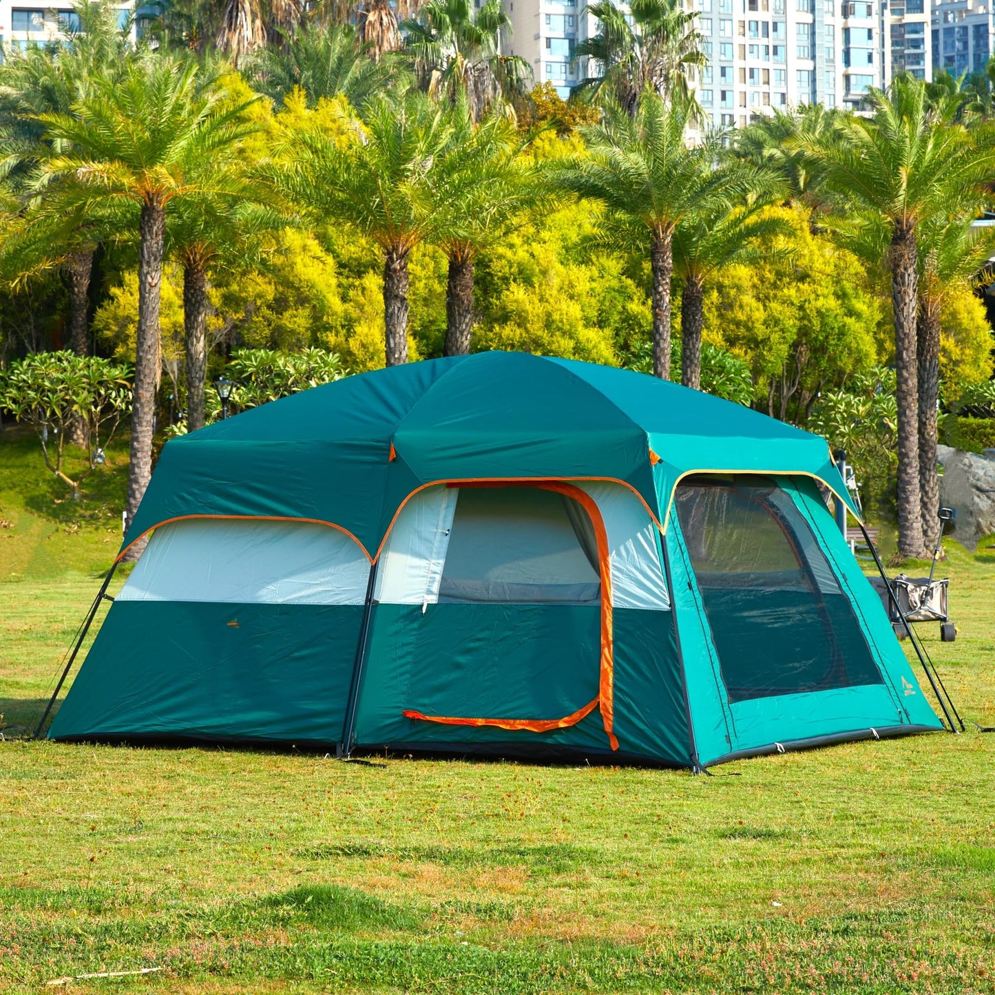KTT Extra Large Tent 10 Person,Family Cabin Tents,2 Rooms,3 Doors and 3 Windows with Mesh,Straight Wall,Waterproof,Double Layer,Big Tent for Outdoor,Picnic,Camping,Family Gathering(Green)
