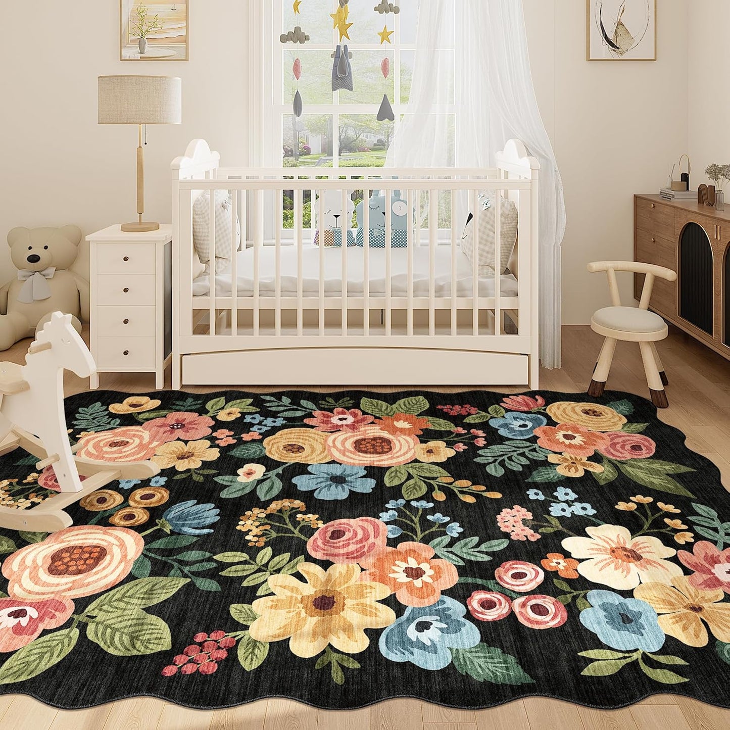 DUKINO 4x6 Area Rug, Floral Non-Slip Indoor Washable Rug with Low Pile & Non-Shedding, Lightwight Boho Design Carpet for Entryway, Bedroom, Kids Room, Living Room, Kitchen, Black