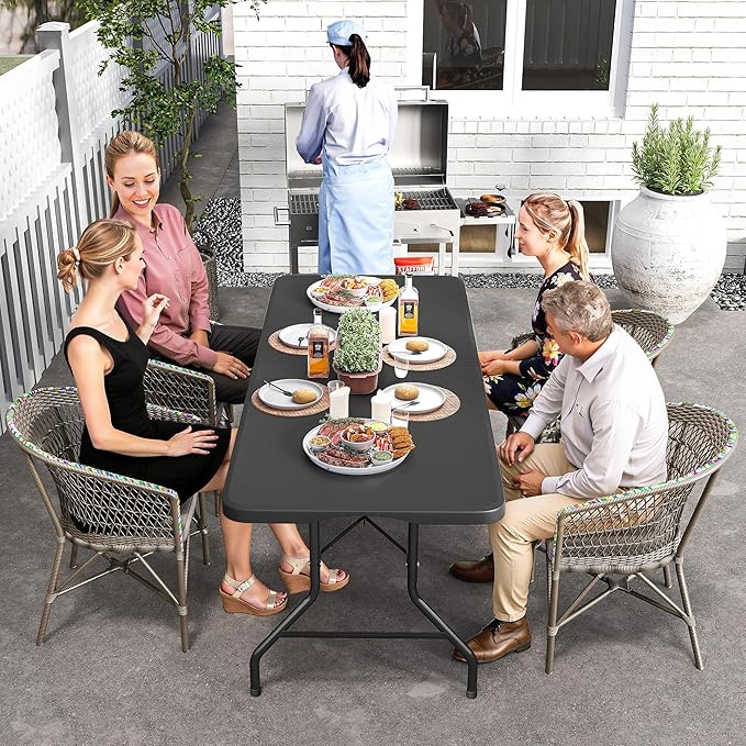 Fenbeli Upgraded 18% Thickened Folding Table 6ft Made of HDPE Plastic, Heavy Duty (25lb), Stable Thicker Legs, Dining Indoor Outdoor for Camping, Picnic and Party, Black