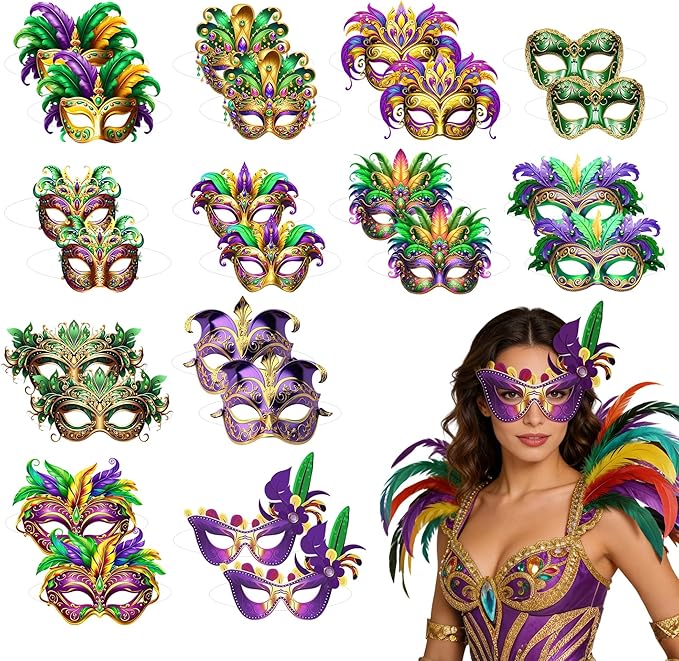 MOSIOBERDAVIAN 24 Pcs Mardi Gras Masks Bulk Paper Masquerade Masks Pack Vintage Carnival Mask for Masquerade Party Supplie...
