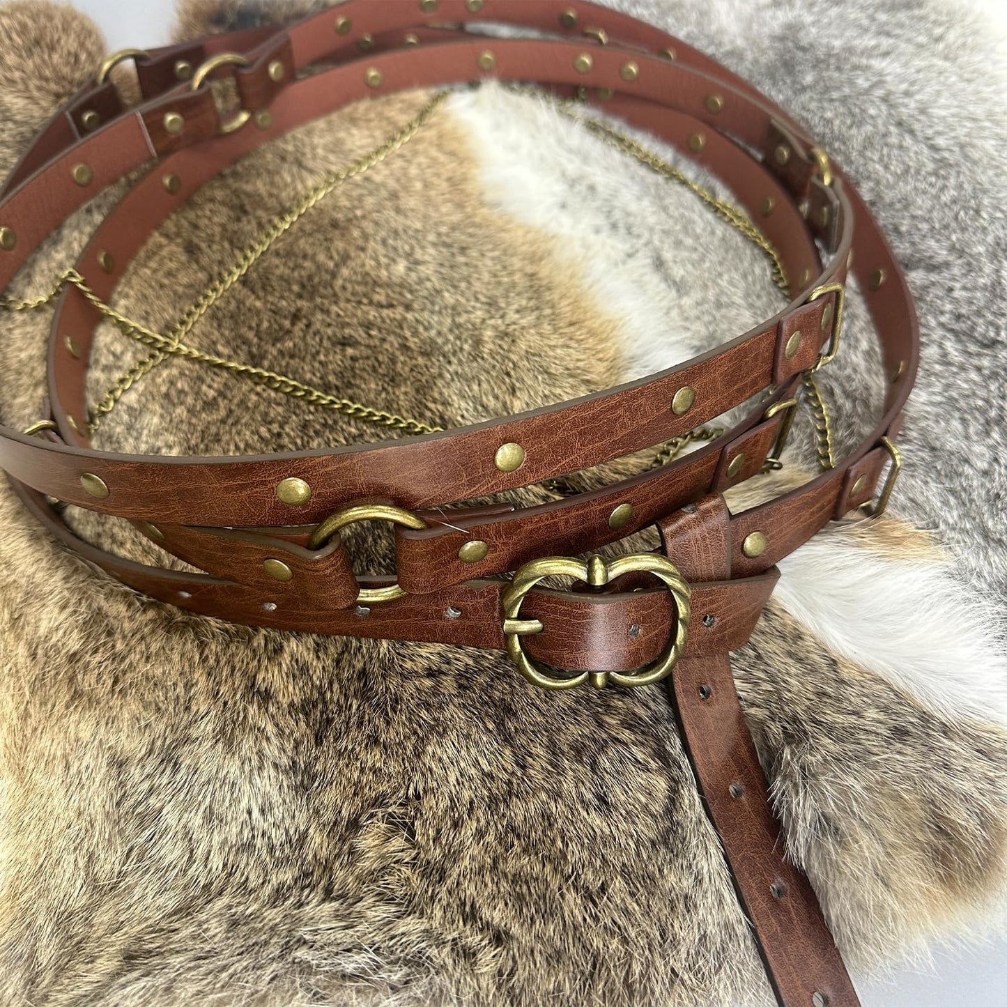 EpicCos Medieval Ren Faire DIY Belt Wrap Bracelet, Renaissance Leather Vintage Chain Belt for LARP Cosplay, Boho (Brown B)