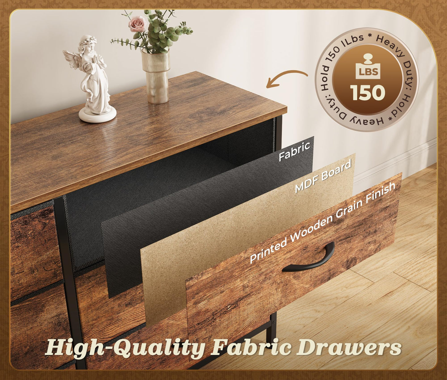 Huuger 78.7 inch Long Dresser for Bedroom, 15 Drawer Fabric Dresser for Closet, Large TV Stand for 65, 75, 85 inch TV, Wide Chest of Drawer with Storage, 78.7" W x 12.9" D x 26.7" H, Rustic Brown