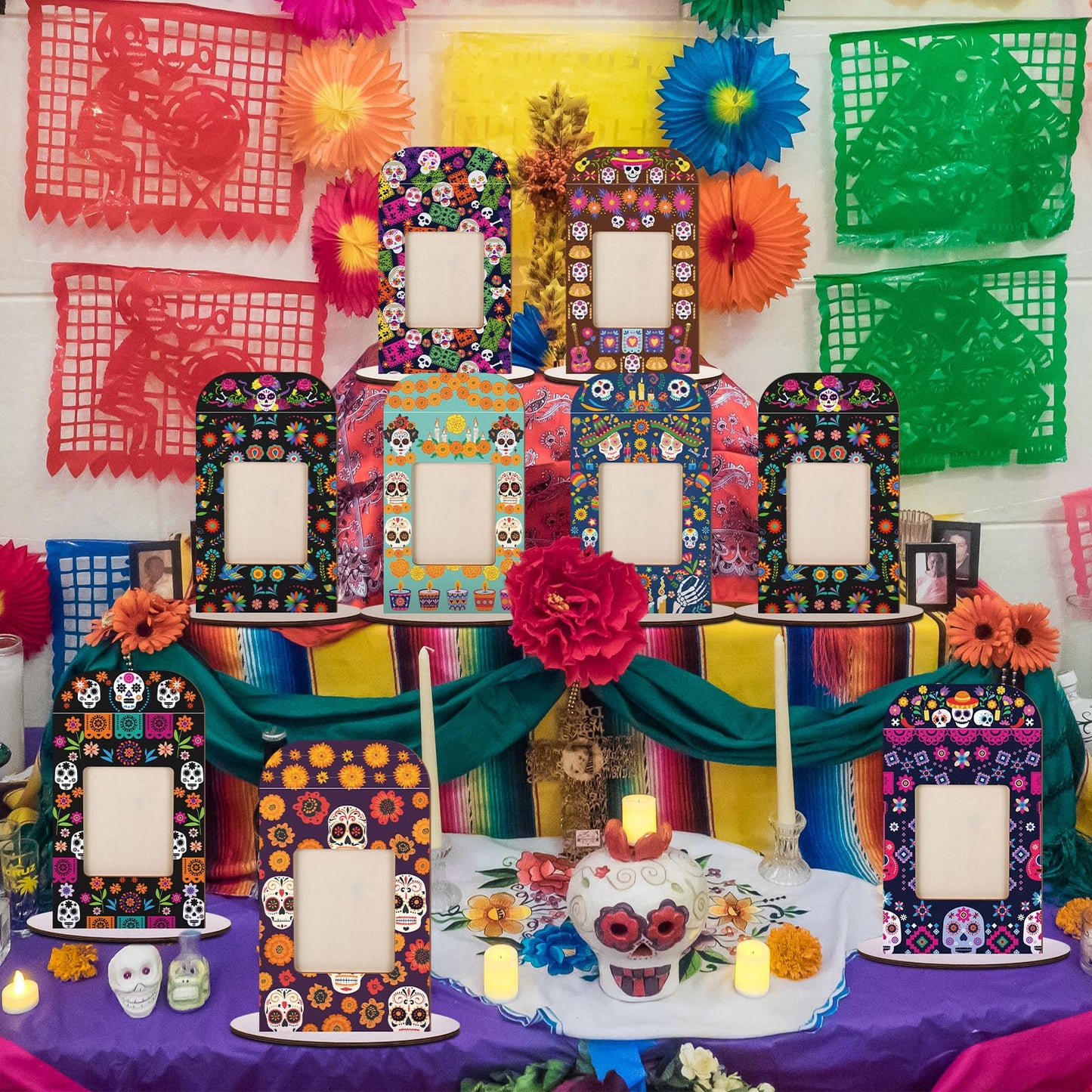 Qunclay 12 Set Picture Wooden Frames Dia De Los Muertos Altar Day of the Dead Decorations Dia De Los Muertos Altar Kit Picture Frame Ofrenda Tabletop Halloween Diwali Decoration Ofrenda