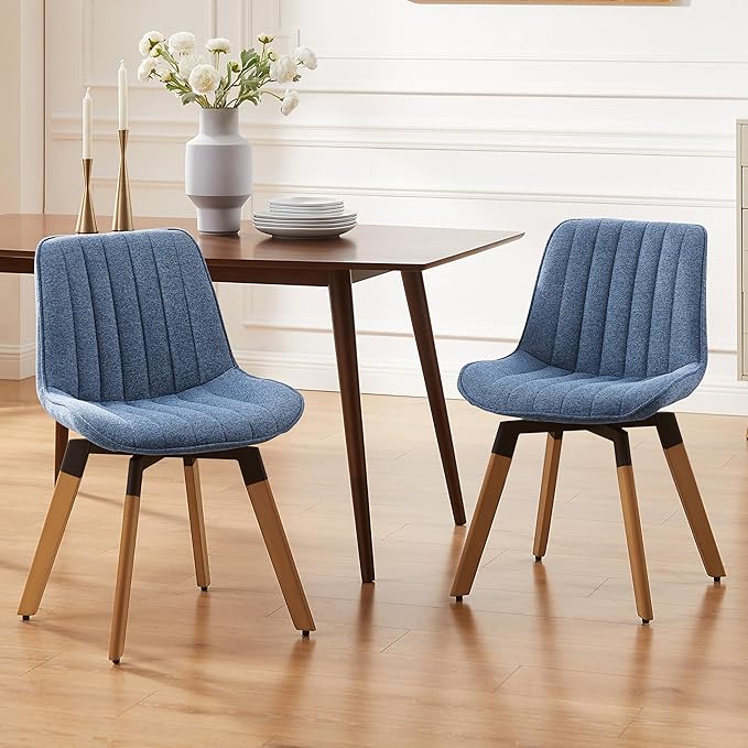 Art Leon Swivel Dining Chairs Set of 2, Mid Century Modern Kitchen Dining Room Chairs, Upholstered Fabric Armless Side Chair with Wood Legs for Living Room Bedroom, Blue