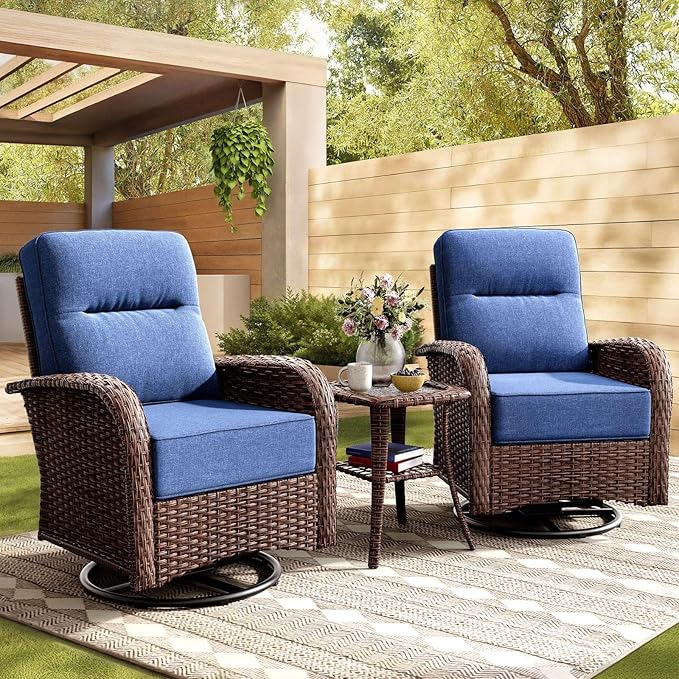 3-Piece Patio Furniture Set with 6-Inch Thick Cushions, High Back Outdoor Swivel Rocker Chairs and Table, All-Weather Conversation Set for Porch, Deck, Balcony, Yard in Blue